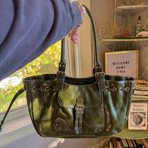 Y2K Distressed Olive Green Hobo Bag | Buckle Gromet Shoulder Purse - Picture 1 of 6